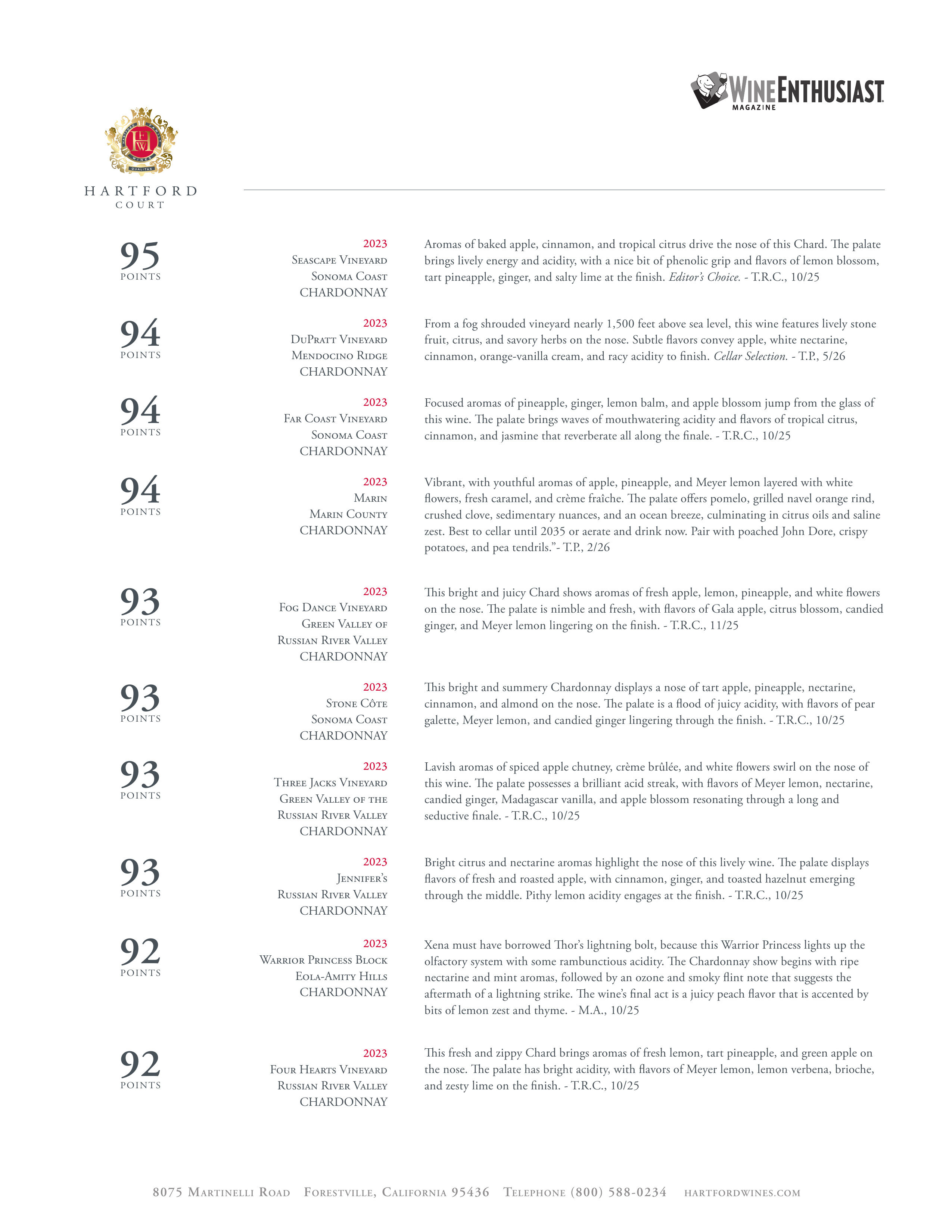 Acclaim from Wine Enthusiast for Hartford Family Winery