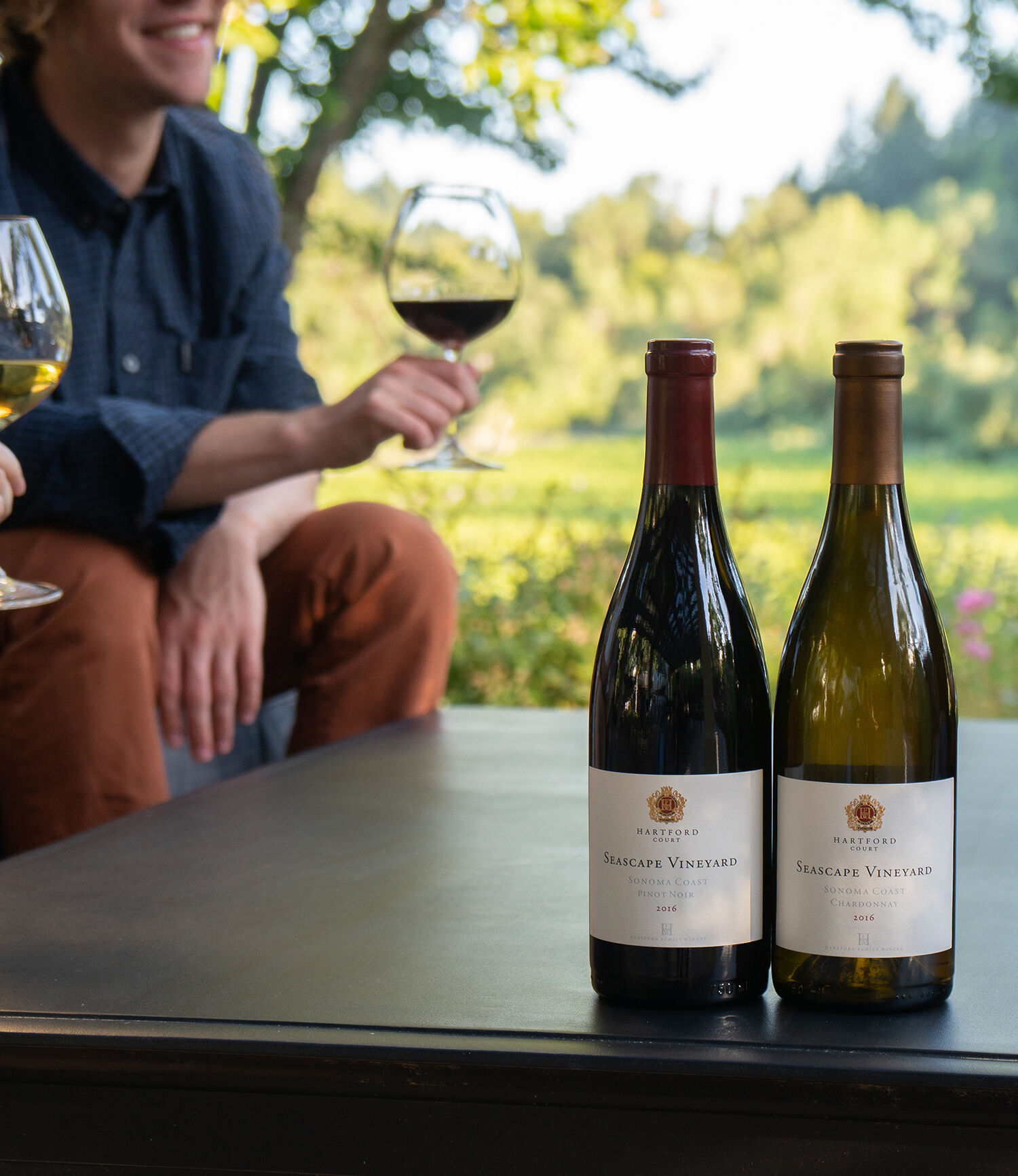 Two people enjoying a glass of Hartford Pinot Noir and Chardonnay