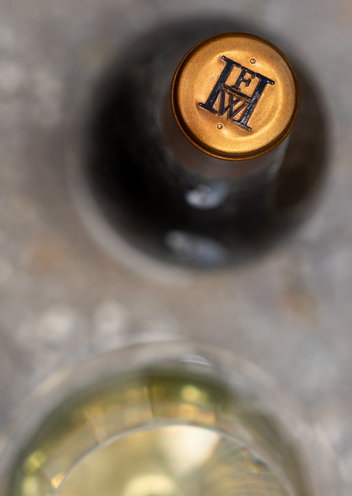 Top view of a bottle and glass of Hartford white wine